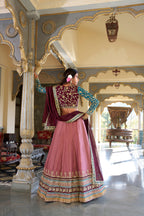 Lorenvalley Peach Moonga Silk Sequins and Thread Embroidery Work Lehenga Choli | Grocsy