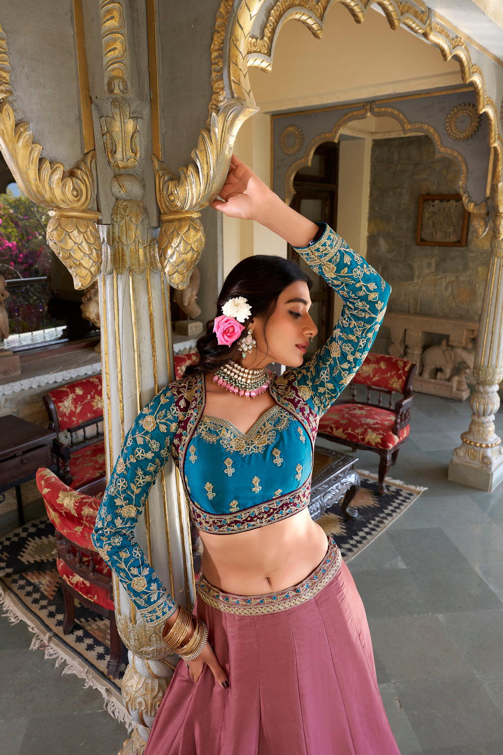 Lorenvalley Peach Moonga Silk Sequins and Thread Embroidery Work Lehenga Choli | Grocsy