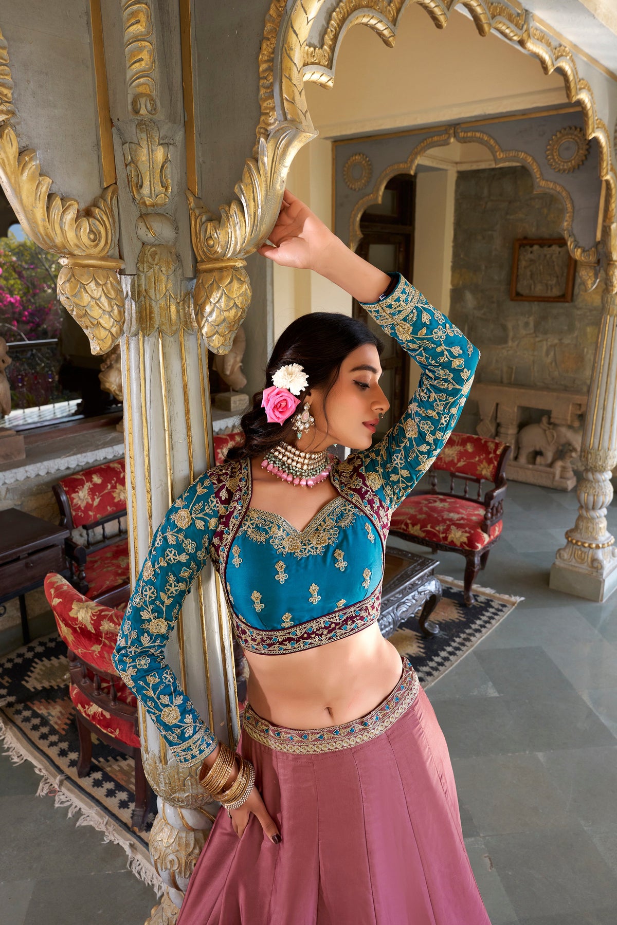 Lorenvalley Peach Moonga Silk Sequins and Thread Embroidery Work Lehenga Choli | Grocsy