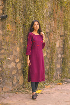 Jompers Women Purple Yoke Design Straight Kurta | Grocsy