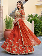 Tulsi Art Captivating Orange Thread Embroidered Silk Wedding Wear Lehenga Choli | Grocsy