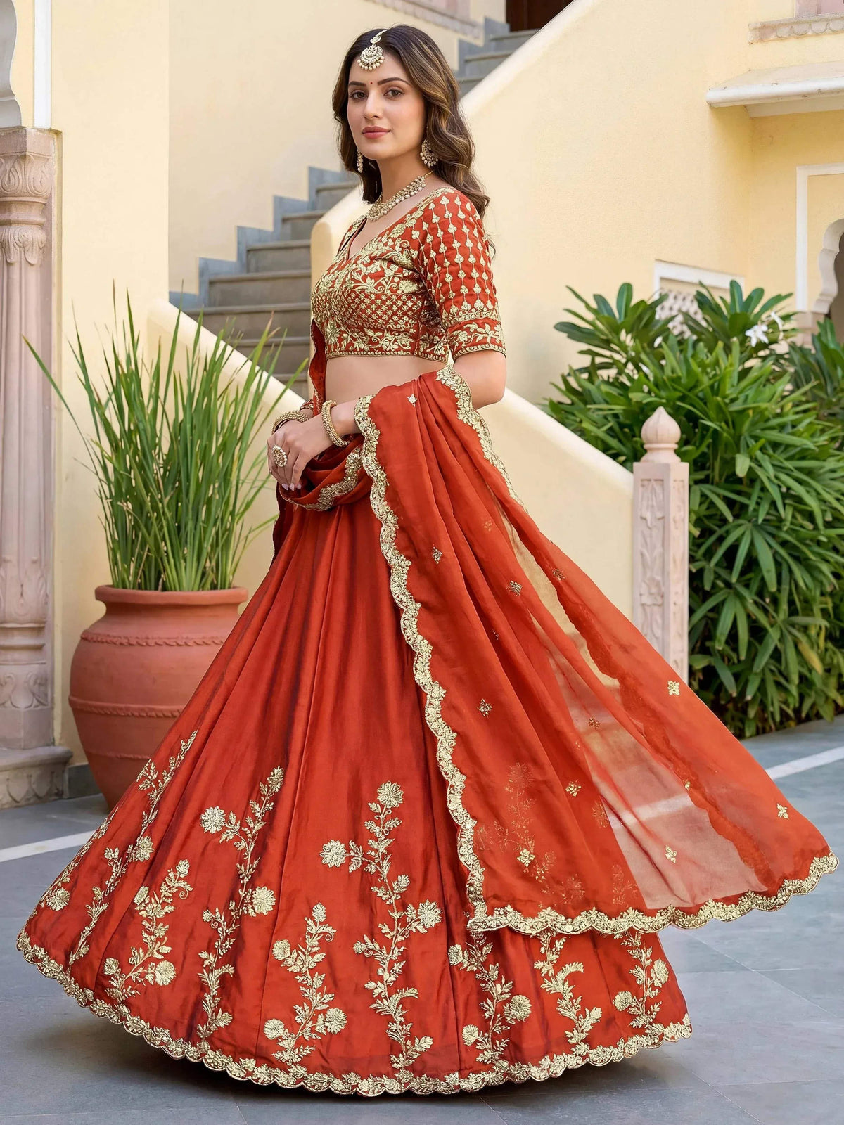 Tulsi Art Captivating Orange Thread Embroidered Silk Wedding Wear Lehenga Choli | Grocsy