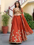 Tulsi Art Captivating Orange Thread Embroidered Silk Wedding Wear Lehenga Choli | Grocsy