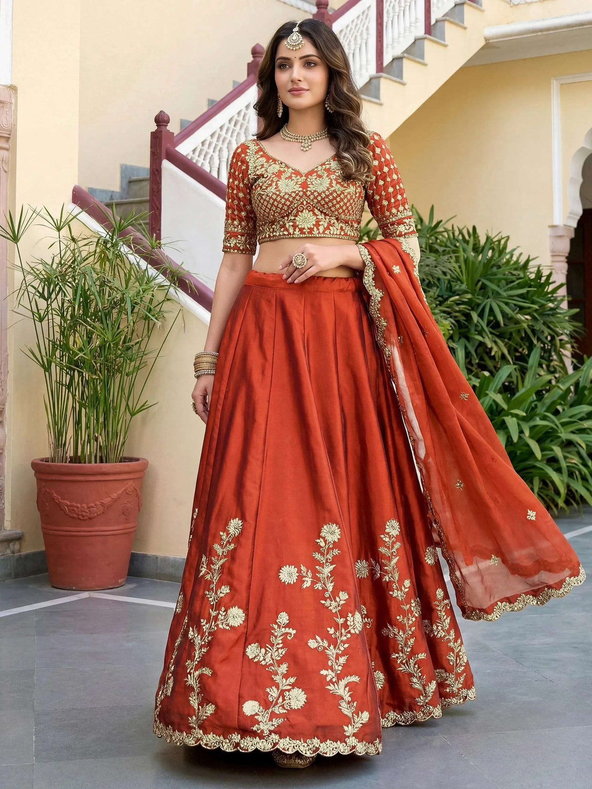 Tulsi Art Captivating Orange Thread Embroidered Silk Wedding Wear Lehenga Choli | Grocsy