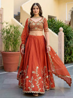 Tulsi Art Captivating Orange Thread Embroidered Silk Wedding Wear Lehenga Choli | Grocsy