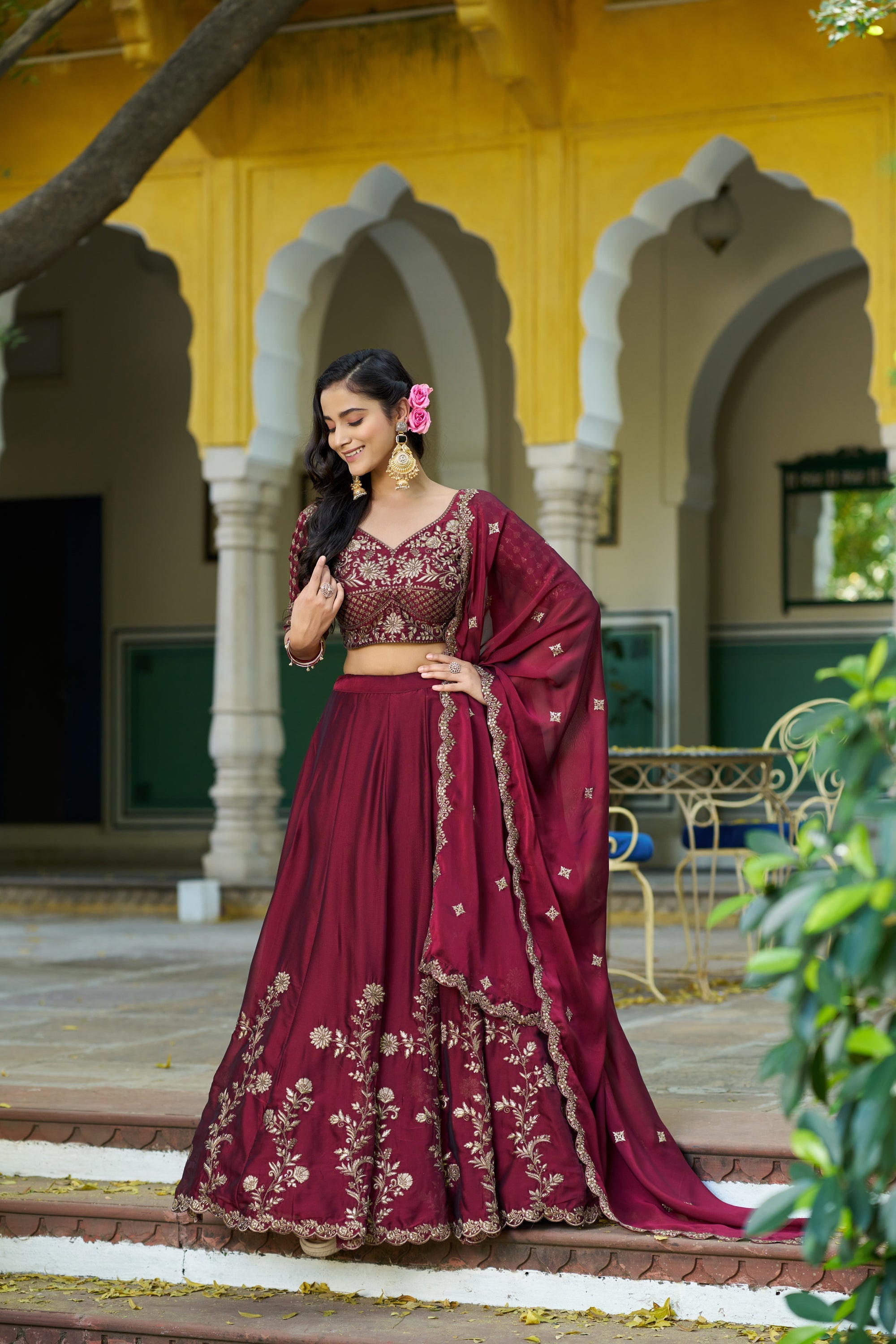 Lorenvalley Fashion Maroon Rangoli Silk Sequins and Thread Embroidery Work Lehenga Choli with Dupatta | Grocsy