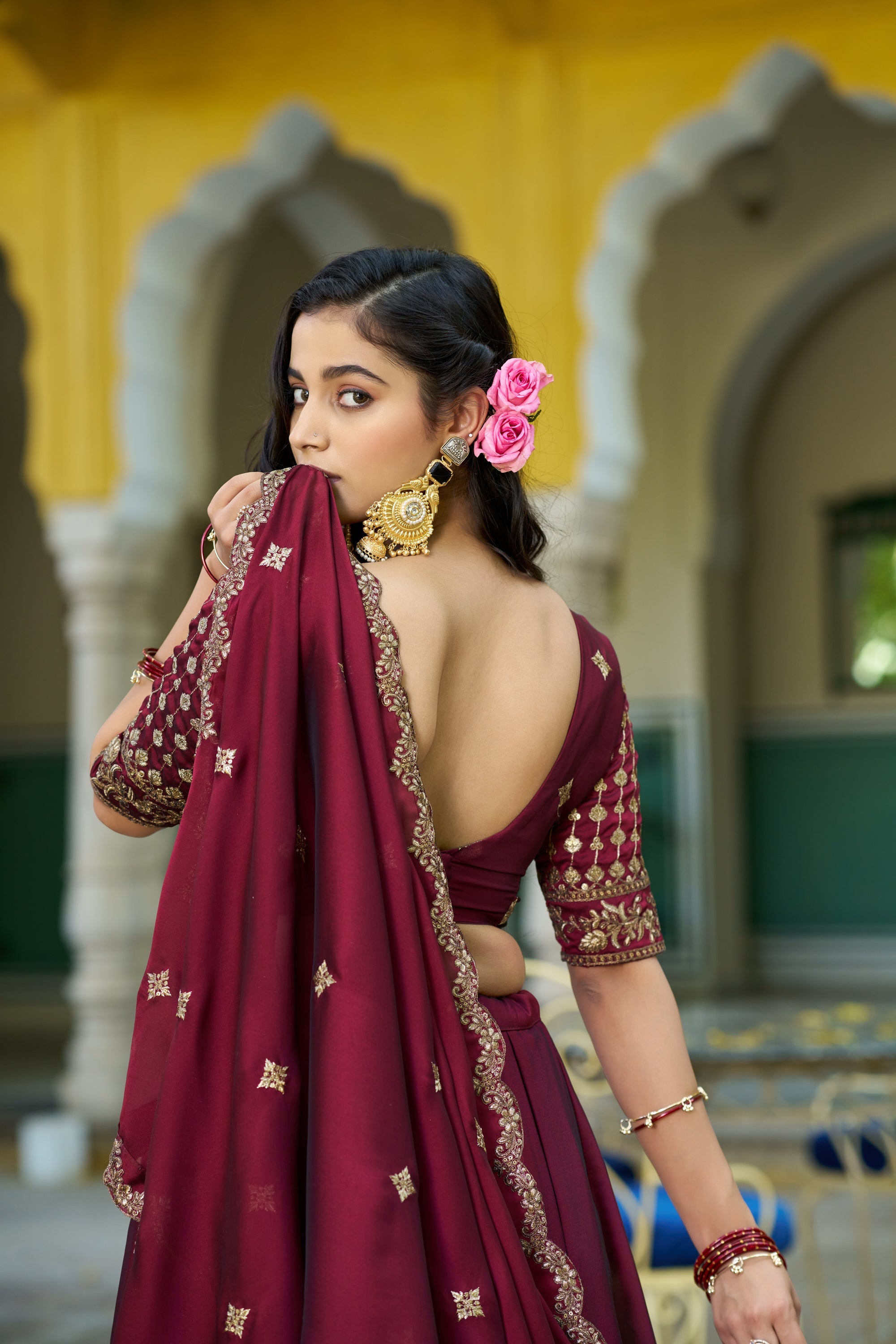 Lorenvalley Fashion Maroon Rangoli Silk Sequins and Thread Embroidery Work Lehenga Choli with Dupatta | Grocsy