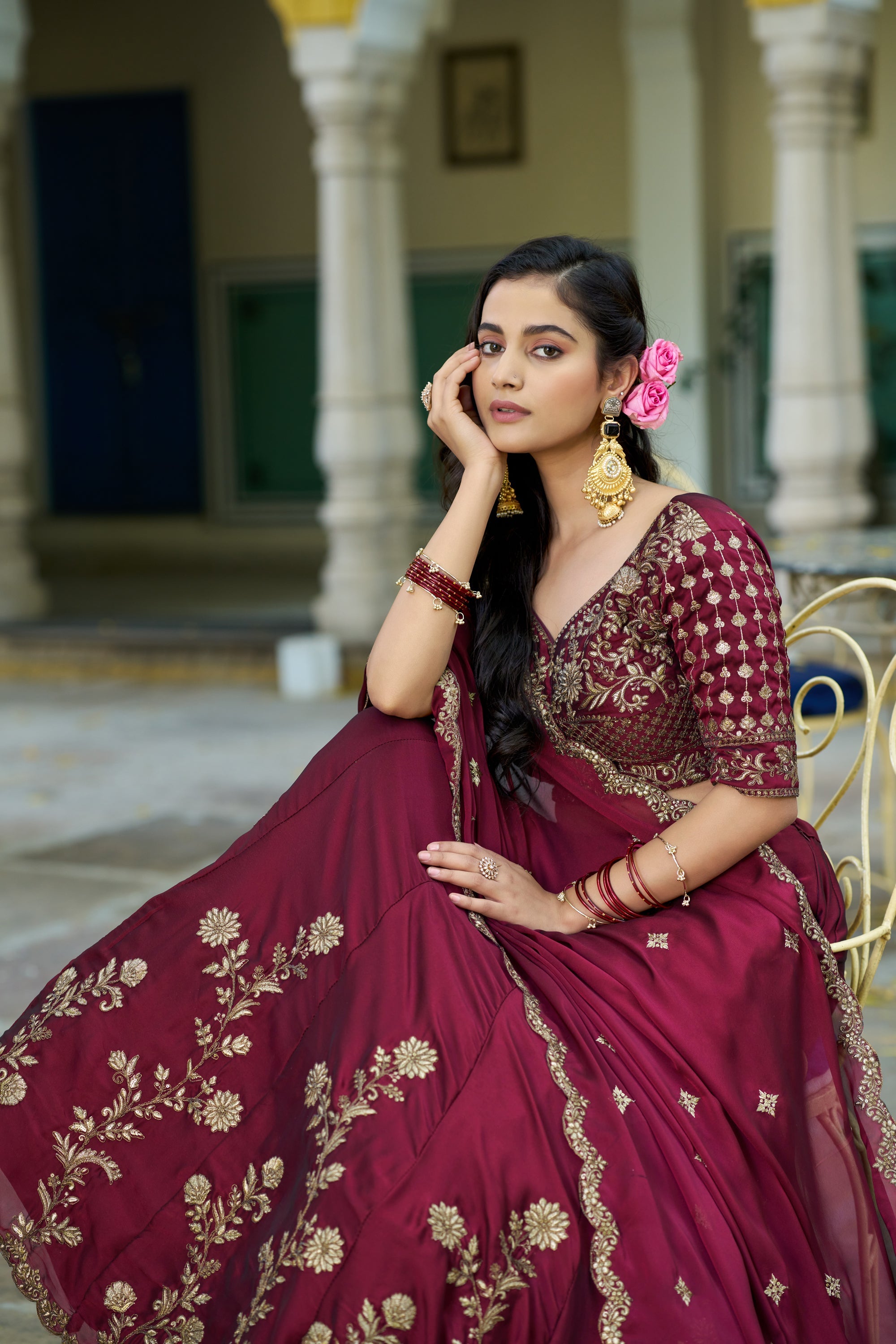 Lorenvalley Fashion Maroon Rangoli Silk Sequins and Thread Embroidery Work Lehenga Choli with Dupatta | Grocsy
