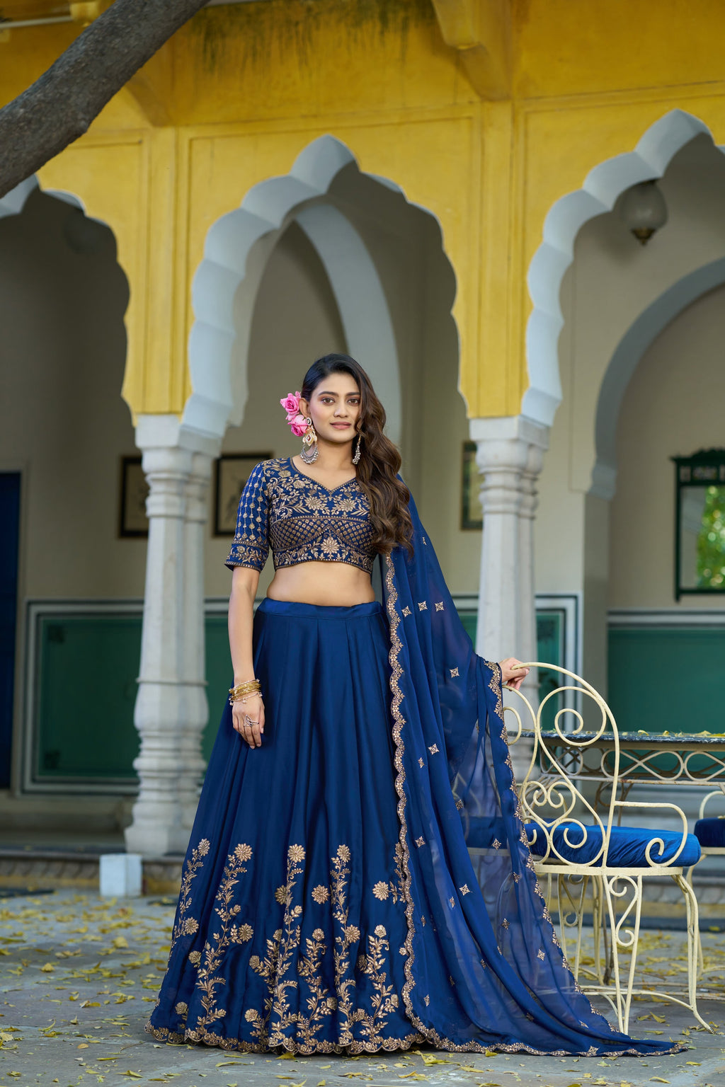 Lorenvalley Fashion Navyblue Rangoli Silk Sequins and Thread Embroidery Work Lehenga Choli with Dupatta | Grocsy