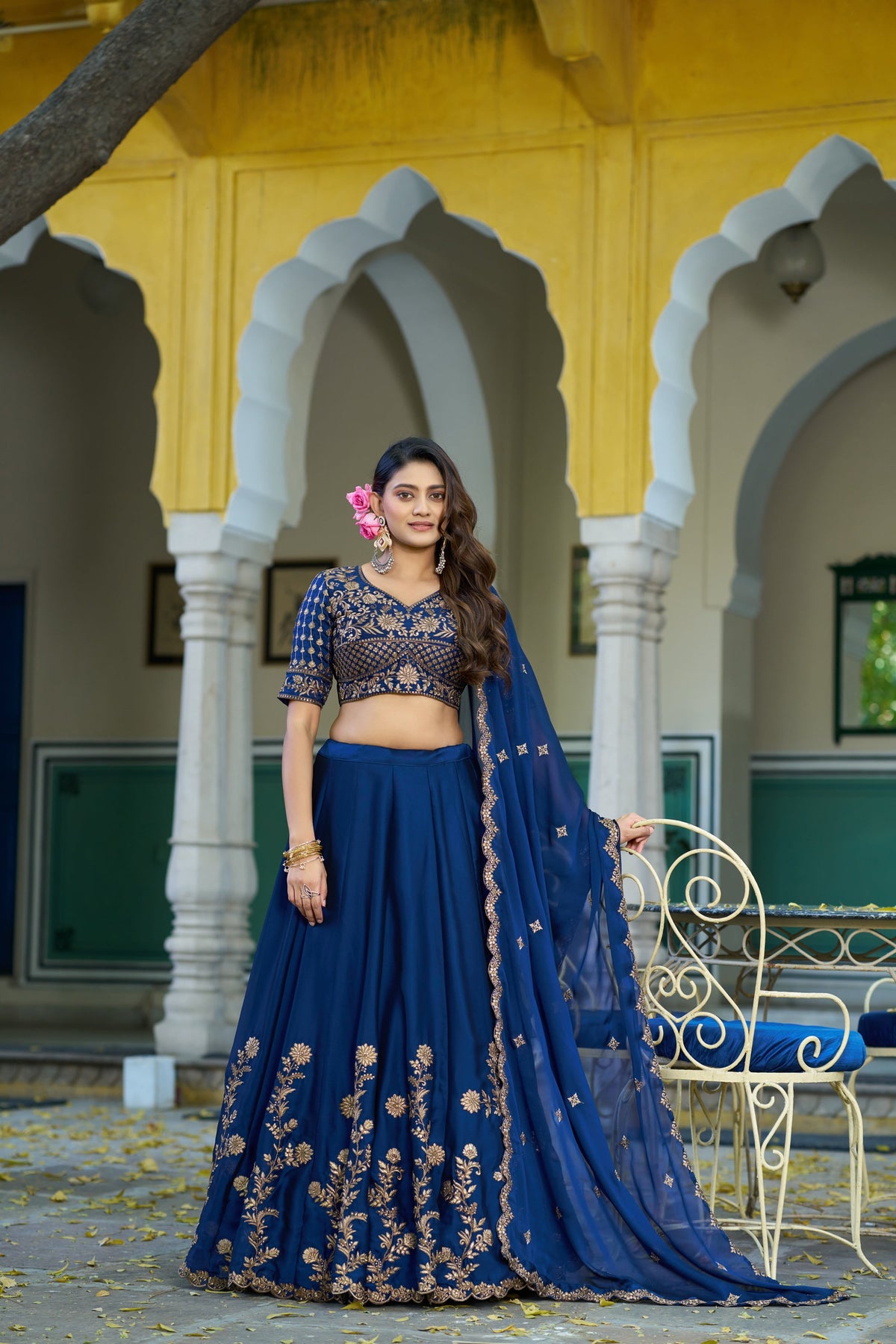 Lorenvalley Fashion Navyblue Rangoli Silk Sequins and Thread Embroidery Work Lehenga Choli with Dupatta | Grocsy