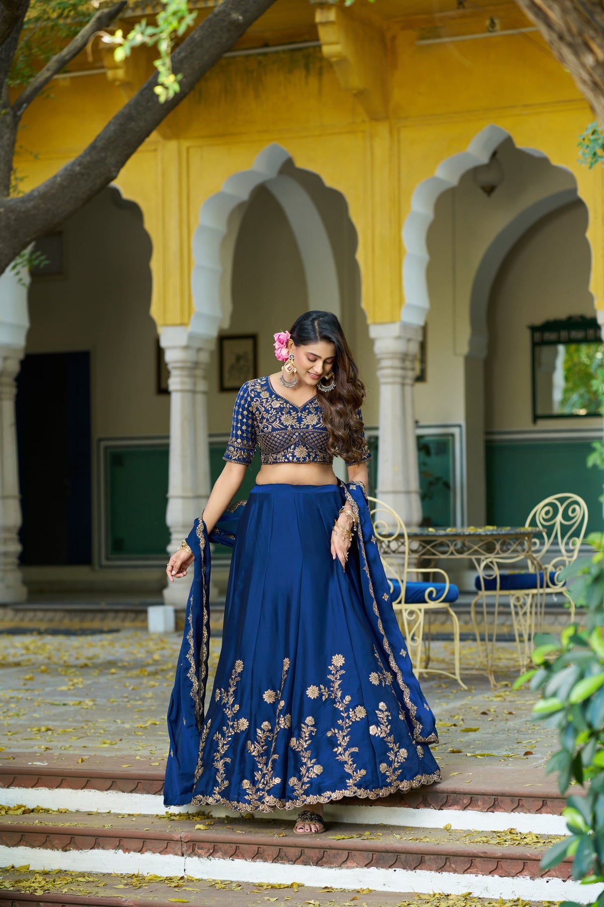 Lorenvalley Fashion Navyblue Rangoli Silk Sequins and Thread Embroidery Work Lehenga Choli with Dupatta | Grocsy
