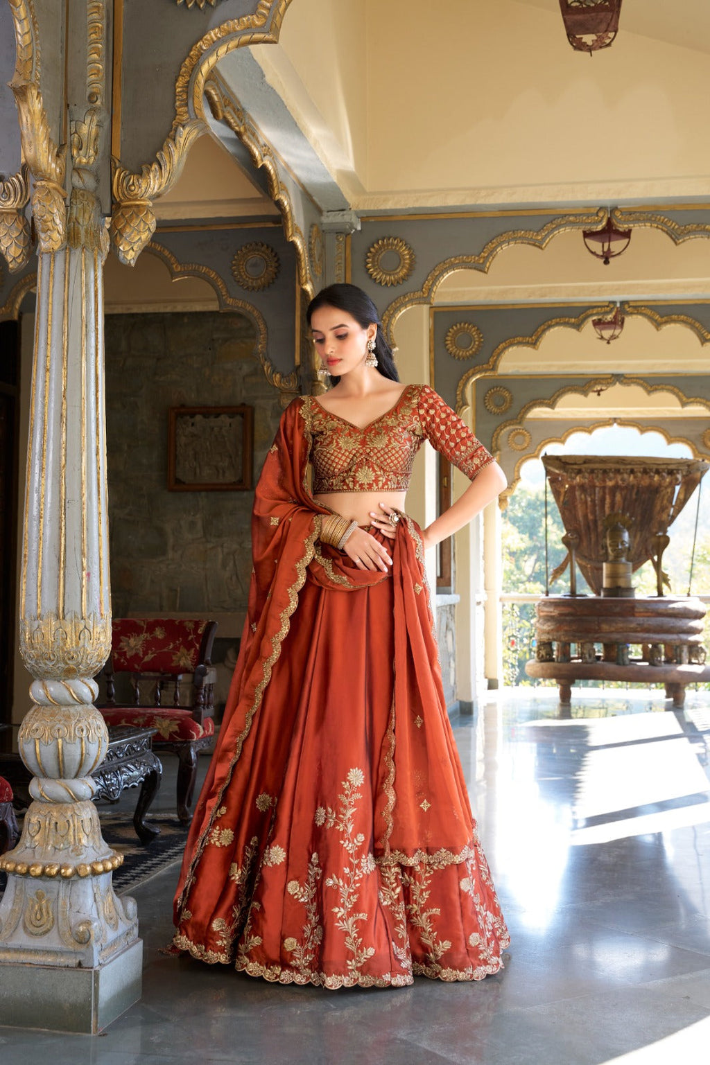 Lorenvalley Orange Rangoli Silk Lehenga choli | Grocsy