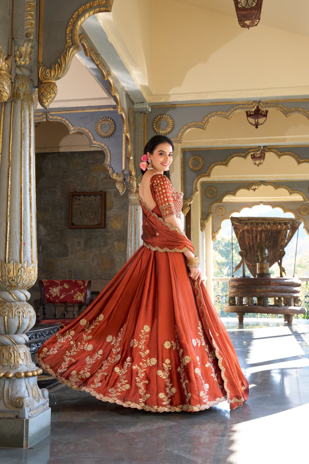 Lorenvalley Orange Rangoli Silk Lehenga choli | Grocsy