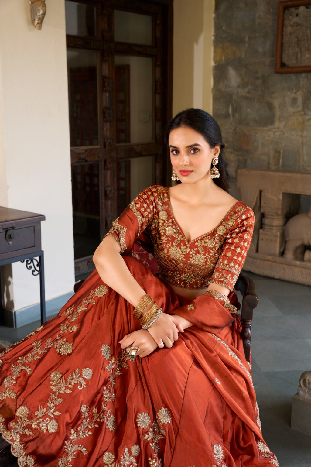 Lorenvalley Orange Rangoli Silk Lehenga choli | Grocsy