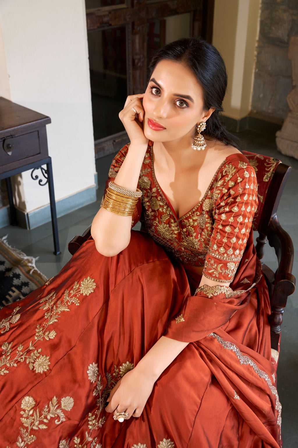 Lorenvalley Orange Rangoli Silk Lehenga choli | Grocsy