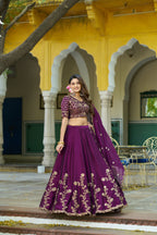 Lorenvalley Fashion Wine Rangoli Silk Sequins and Thread Embroidery Work Lehenga Choli with Dupatta | Grocsy