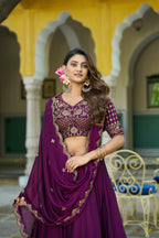 Lorenvalley Fashion Wine Rangoli Silk Sequins and Thread Embroidery Work Lehenga Choli with Dupatta | Grocsy