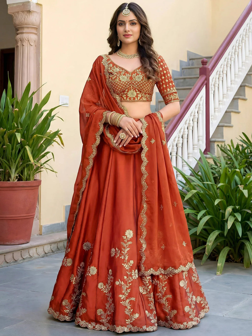 Tulsi Art Captivating Orange Thread Embroidered Silk Wedding Wear Lehenga Choli | Grocsy
