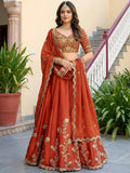 Tulsi Art Captivating Orange Thread Embroidered Silk Wedding Wear Lehenga Choli | Grocsy