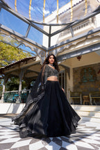 Lorenvalley Black Star Satin Plain Lehenga with Pearl Coding And Sequins Embroidery Work Choli and Dupatta | Grocsy