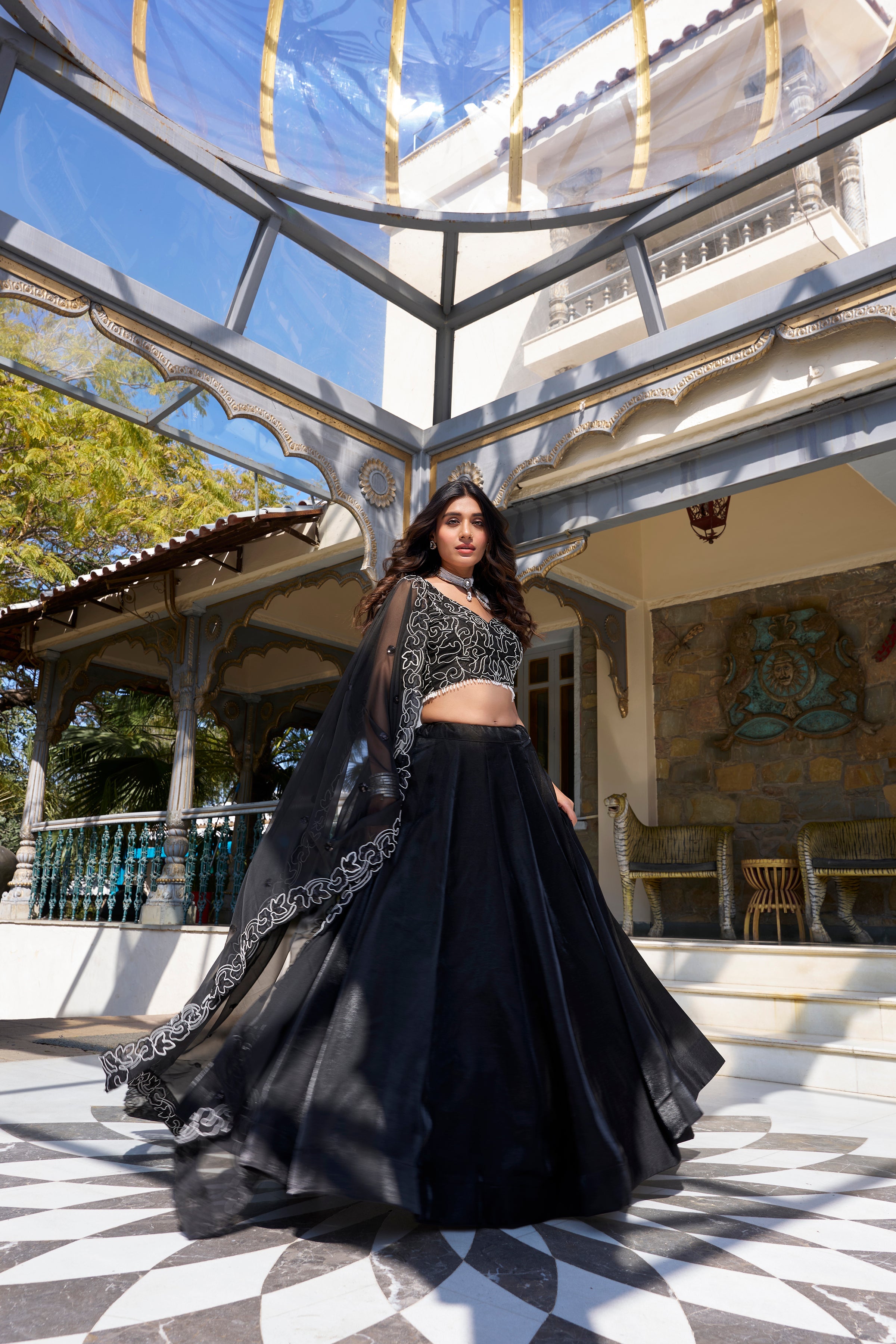 Lorenvalley Black Star Satin Plain Lehenga with Pearl Coding And Sequins Embroidery Work Choli and Dupatta | Grocsy