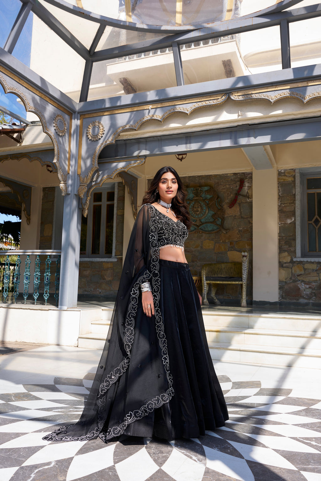 Lorenvalley Black Star Satin Plain Lehenga with Pearl Coding And Sequins Embroidery Work Choli and Dupatta | Grocsy