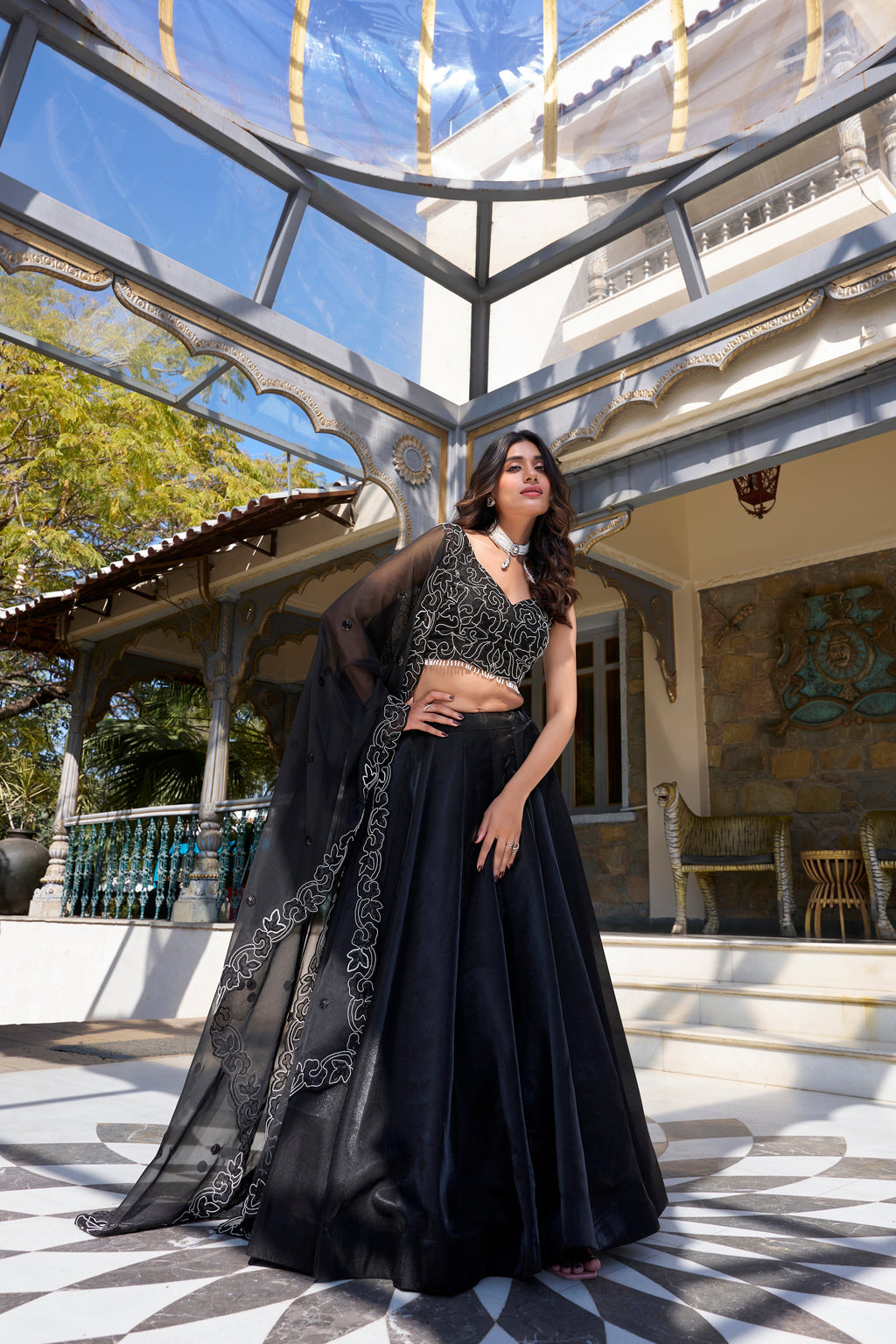 Lorenvalley Black Star Satin Plain Lehenga with Pearl Coding And Sequins Embroidery Work Choli and Dupatta | Grocsy