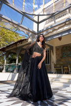 Lorenvalley Black Star Satin Plain Lehenga with Pearl Coding And Sequins Embroidery Work Choli and Dupatta | Grocsy