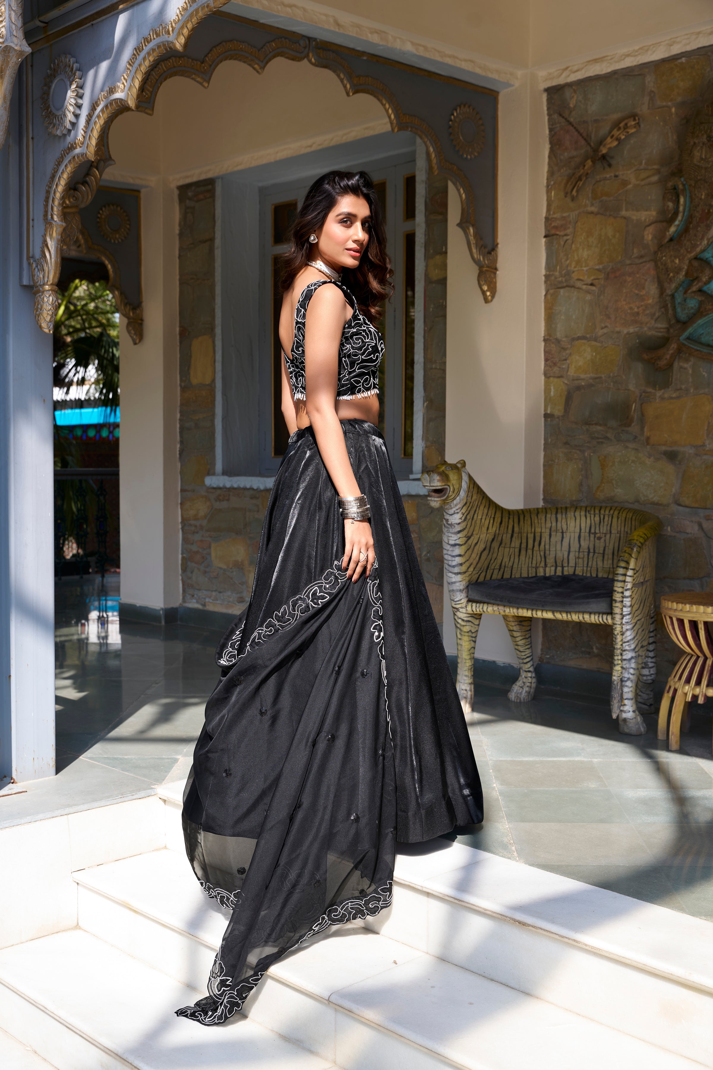 Lorenvalley Black Star Satin Plain Lehenga with Pearl Coding And Sequins Embroidery Work Choli and Dupatta | Grocsy