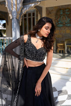 Lorenvalley Black Star Satin Plain Lehenga with Pearl Coding And Sequins Embroidery Work Choli and Dupatta | Grocsy