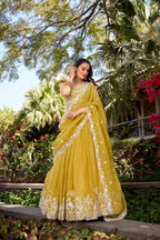 Lorenvalley Yellow Gold Crush Fabric Sequins and Thread Embroidery Work Lehenga Choli | Grocsy