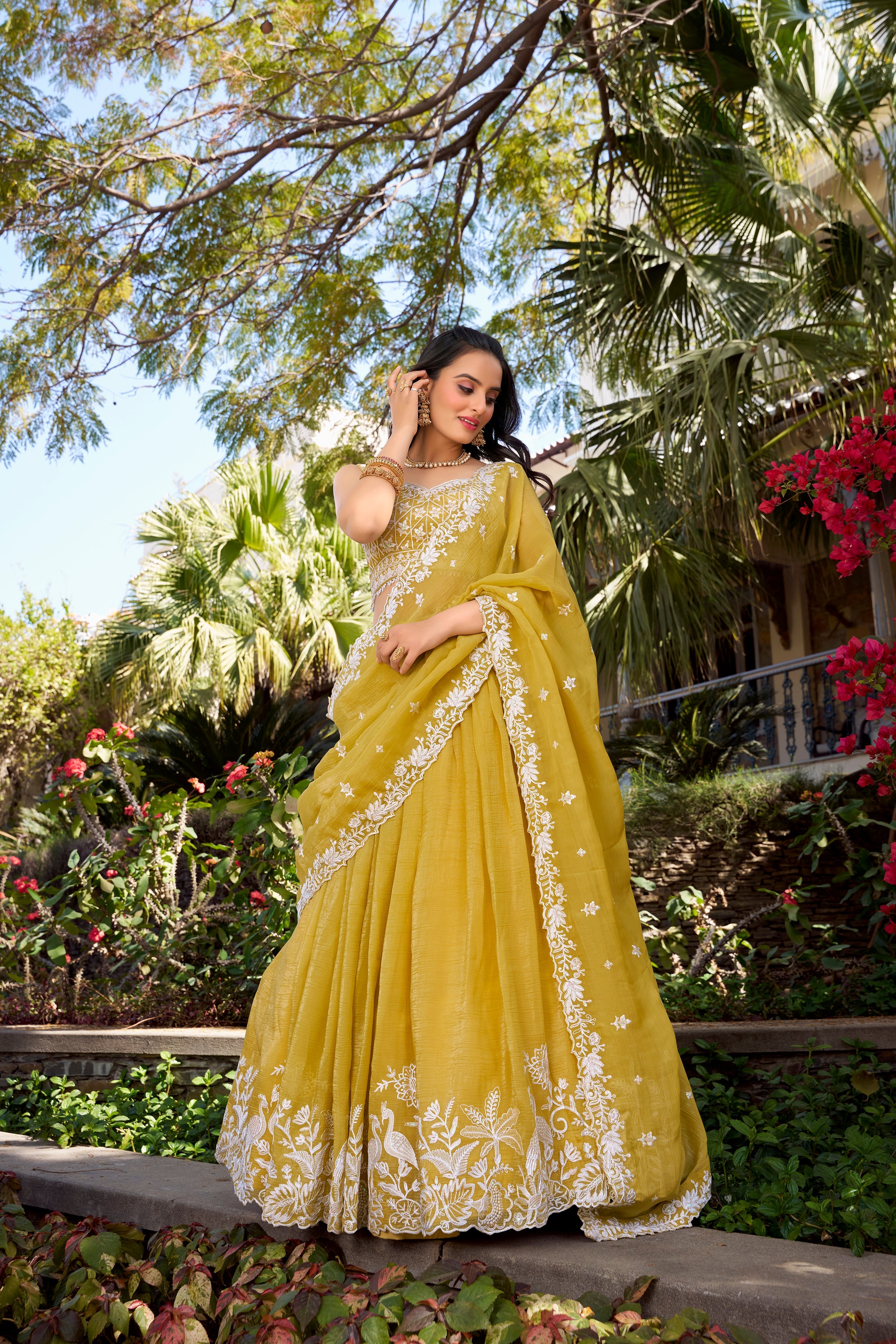 Lorenvalley Yellow Gold Crush Fabric Sequins and Thread Embroidery Work Lehenga Choli | Grocsy