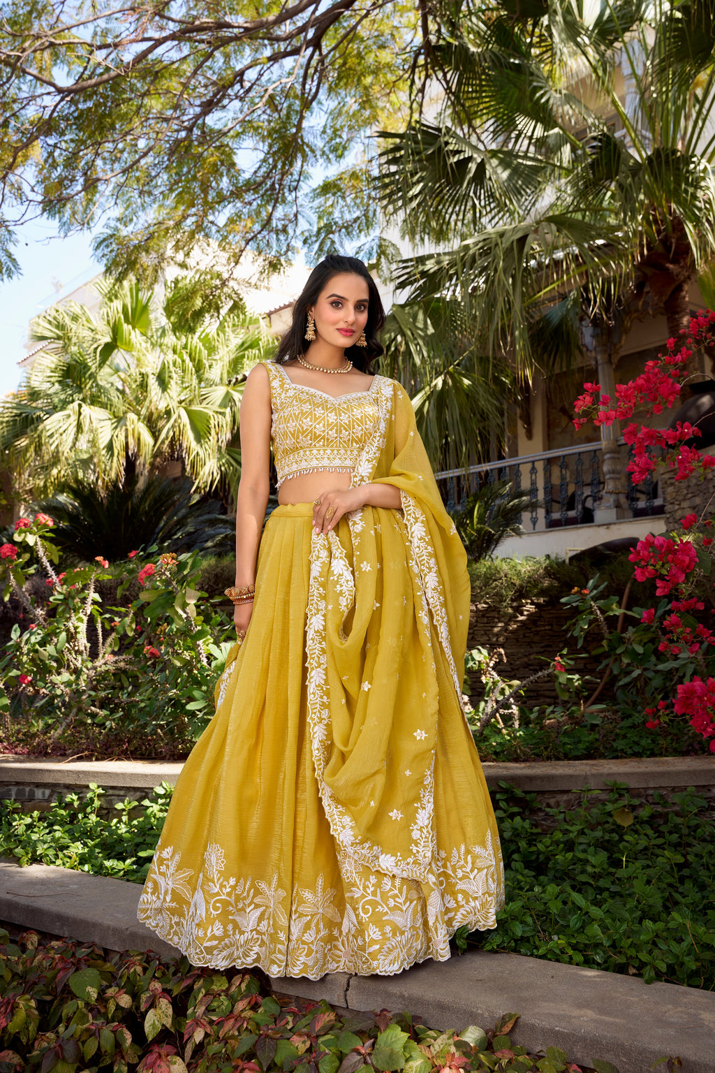 Lorenvalley Yellow Gold Crush Fabric Sequins and Thread Embroidery Work Lehenga Choli | Grocsy