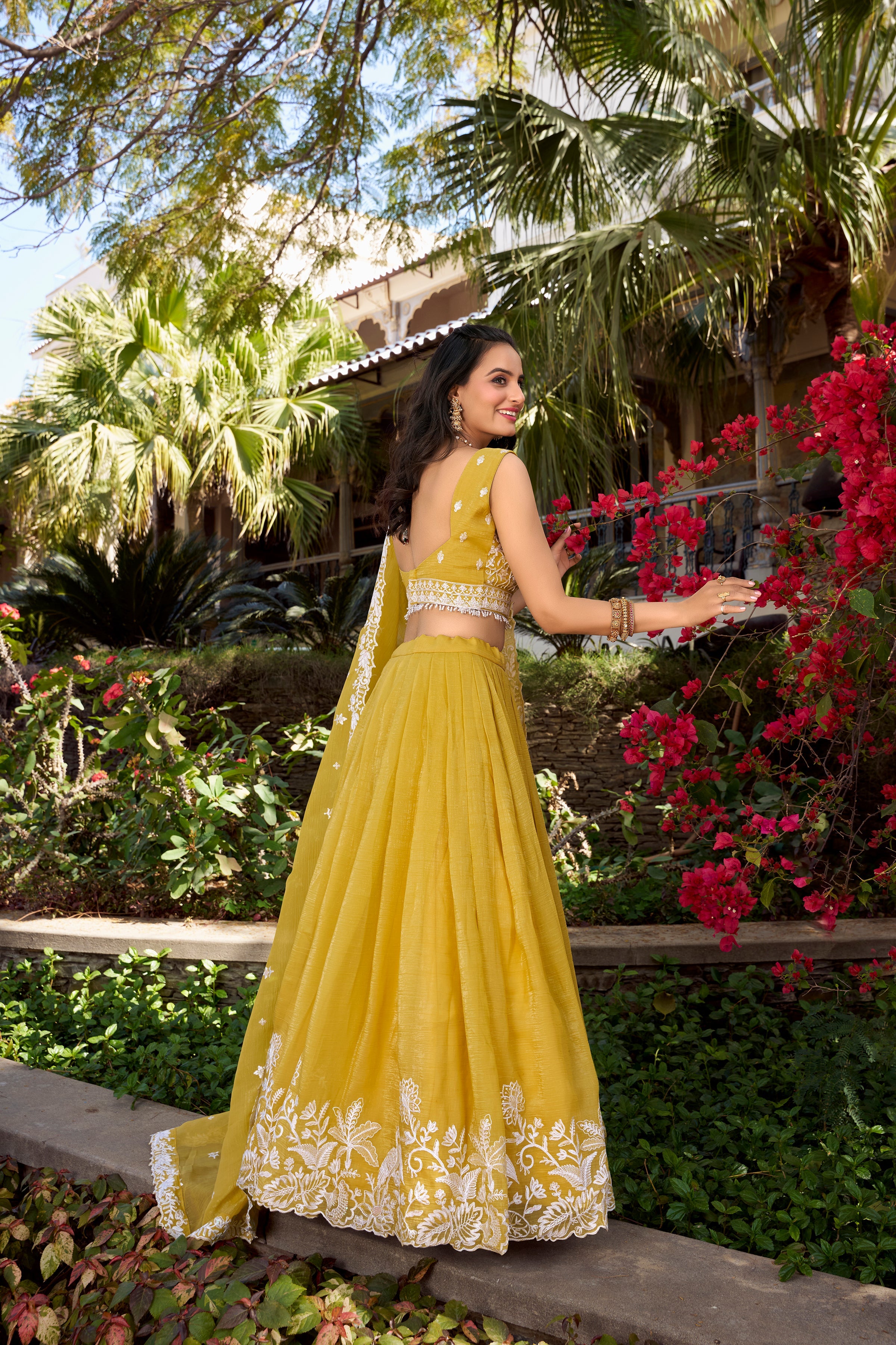 Lorenvalley Yellow Gold Crush Fabric Sequins and Thread Embroidery Work Lehenga Choli | Grocsy