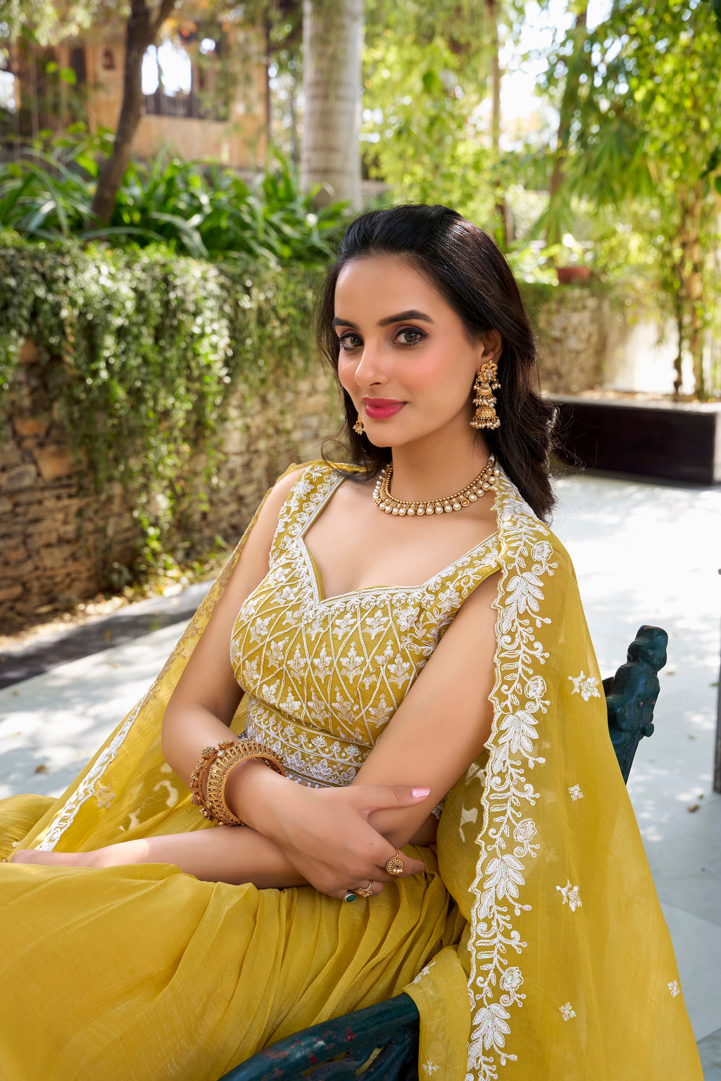 Lorenvalley Yellow Gold Crush Fabric Sequins and Thread Embroidery Work Lehenga Choli | Grocsy
