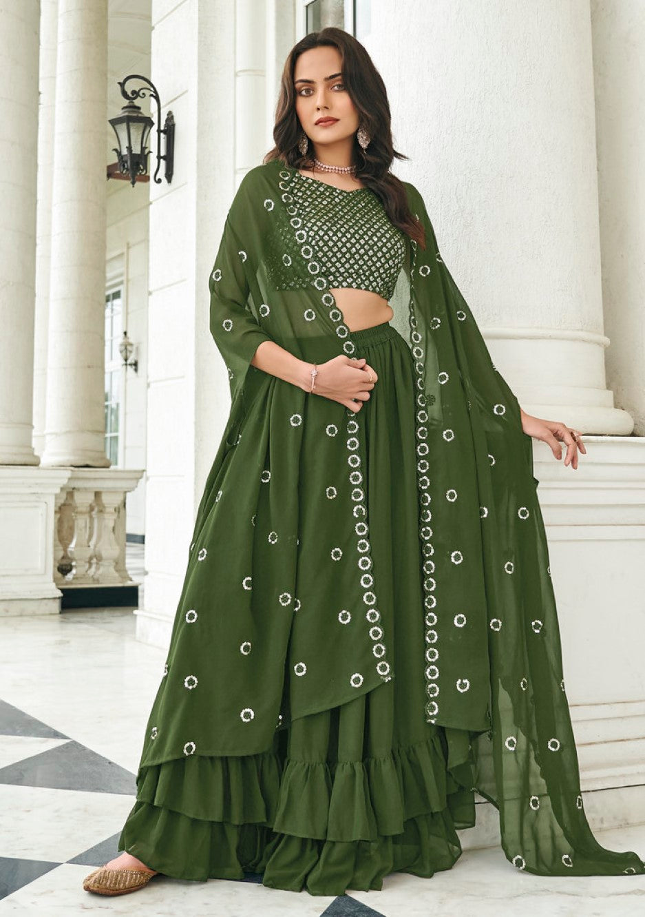 Anaita Mehendi Georgette Stitched Lehenga Choli With Sequence & Thread Work | Grocsy