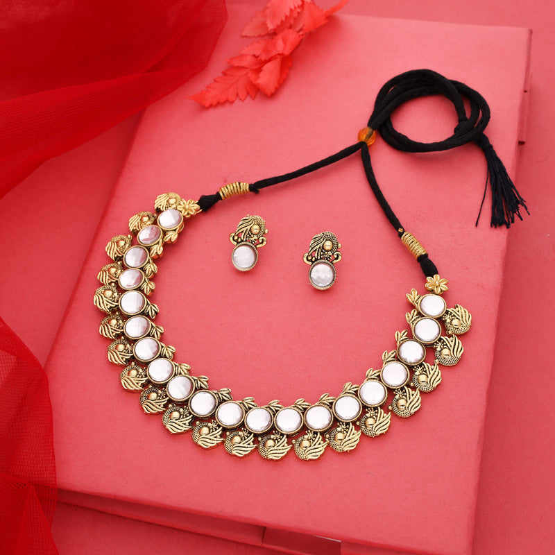 Tehzeeb Creations White Colour Gold-Polished Stone Jewellery Choker Necklace Set With Matching Pair of Stud Earrings | Grocsy