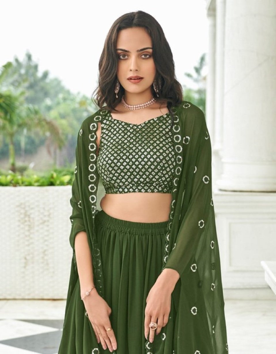 Anaita Mehendi Georgette Stitched Lehenga Choli With Sequence & Thread Work | Grocsy