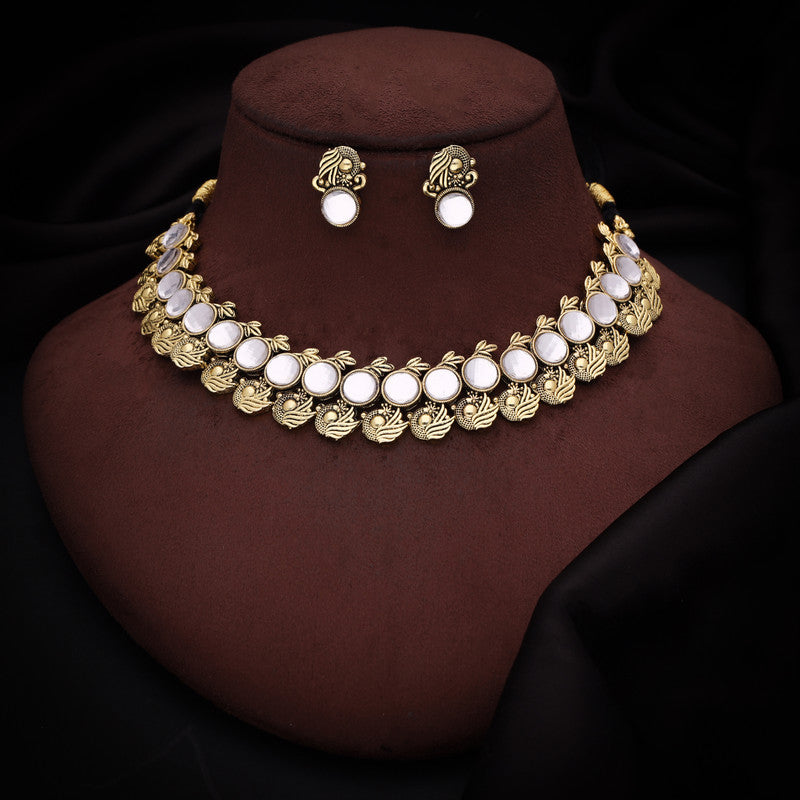 Tehzeeb Creations White Colour Gold-Polished Stone Jewellery Choker Necklace Set With Matching Pair of Stud Earrings | Grocsy
