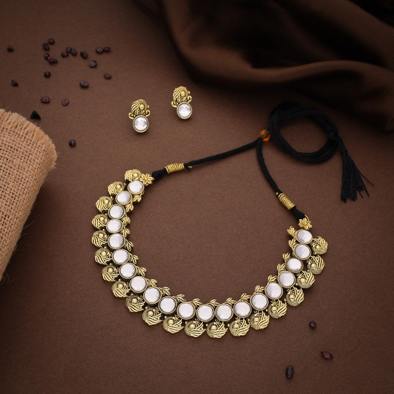 Tehzeeb Creations White Colour Gold-Polished Stone Jewellery Choker Necklace Set With Matching Pair of Stud Earrings | Grocsy