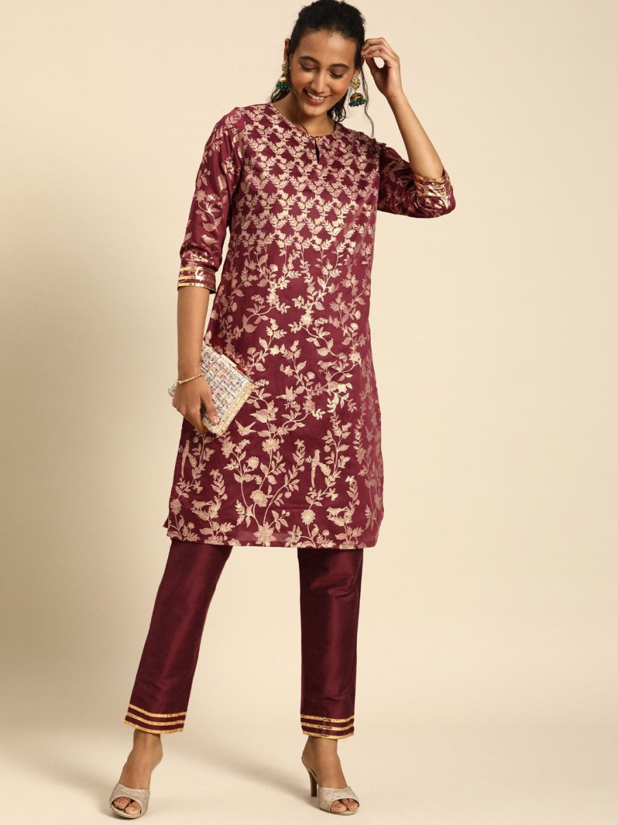 All About You Women Purple & Gold-Toned Ethnic Motifs Printed Regular Kurta with Trousers | Grocsy