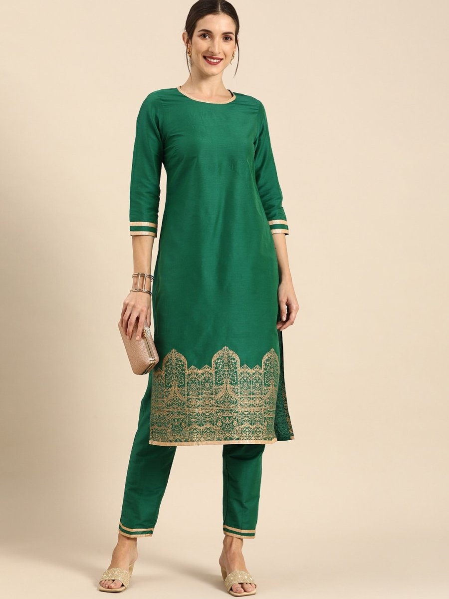 All About You Women Green & Gold Printed Regular Kurta with Trousers | Grocsy