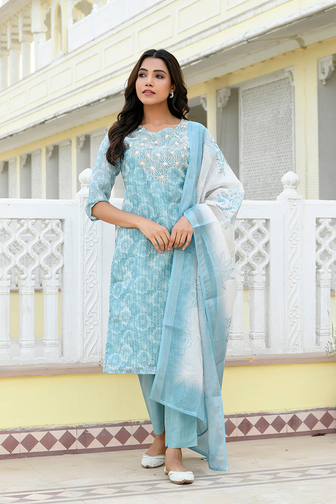 Vaasva Women Blue Tissue Linen Embroidered Solid Kurta Set With Solid Pants & Printed Dupatta | Grocsy