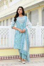 Vaasva Women Blue Tissue Linen Embroidered Solid Kurta Set With Solid Pants & Printed Dupatta | Grocsy