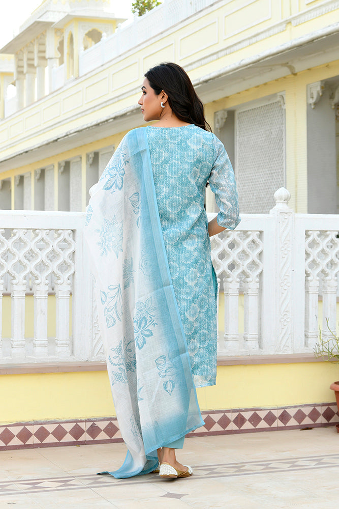 Vaasva Women Blue Tissue Linen Embroidered Solid Kurta Set With Solid Pants & Printed Dupatta | Grocsy