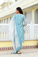 Vaasva Women Blue Tissue Linen Embroidered Solid Kurta Set With Solid Pants & Printed Dupatta | Grocsy