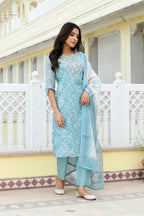 Vaasva Women Blue Tissue Linen Embroidered Solid Kurta Set With Solid Pants & Printed Dupatta | Grocsy