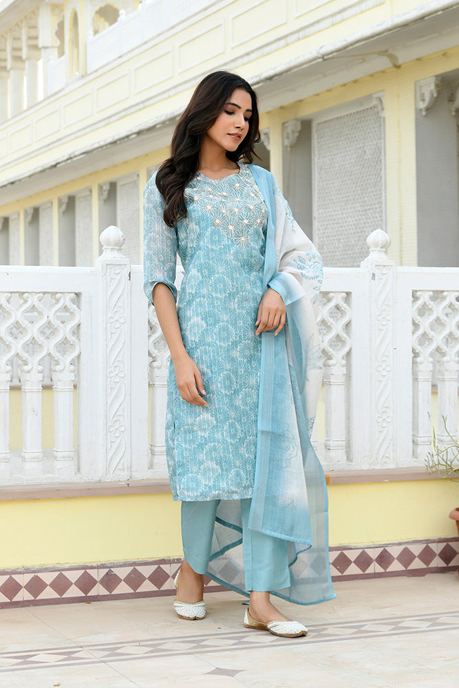 Vaasva Women Blue Tissue Linen Embroidered Solid Kurta Set With Solid Pants & Printed Dupatta | Grocsy