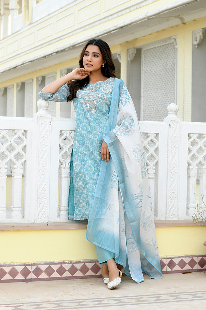 Vaasva Women Blue Tissue Linen Embroidered Solid Kurta Set With Solid Pants & Printed Dupatta | Grocsy