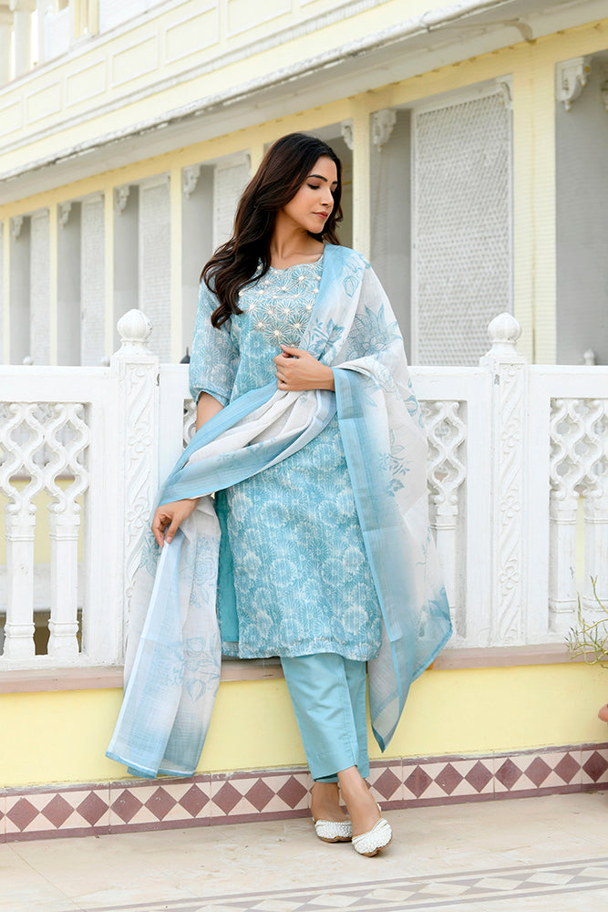 Vaasva Women Blue Tissue Linen Embroidered Solid Kurta Set With Solid Pants & Printed Dupatta | Grocsy